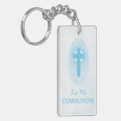 パーソナライズされた青い最初の聖餐式クロスホスト キーホルダー (正面左)