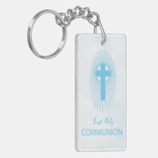 パーソナライズされた青い最初の聖餐式クロスホスト キーホルダー (正面左)