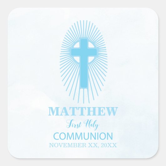 パーソナライズされた青い最初の聖餐式クロスホスト スクエアシール (正面)
