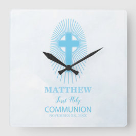 パーソナライズされた青い最初の聖餐式クロスホスト スクエア壁時計