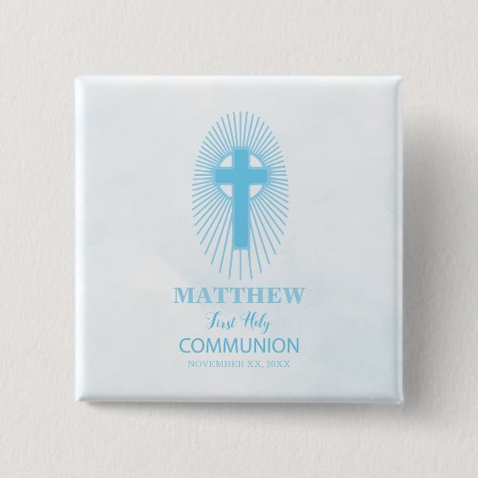パーソナライズされた青い最初の聖餐式クロスホスト 缶バッジ (正面)