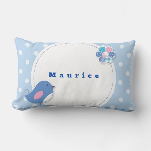 パーソナライズされた青い白水玉模様鳥かわいい花 ランバークッション (正面)