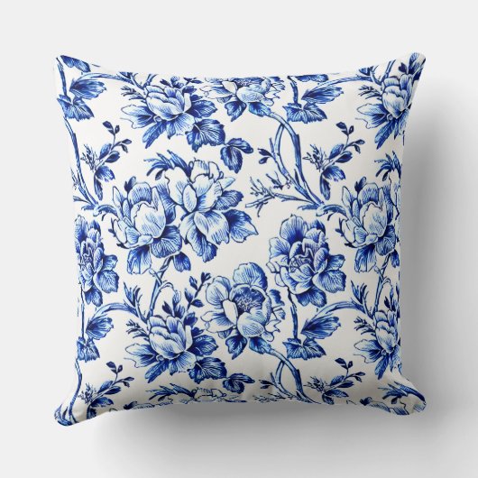 パーソナライズされた青と白の花柄のトワール ウェディング クッション (裏面)