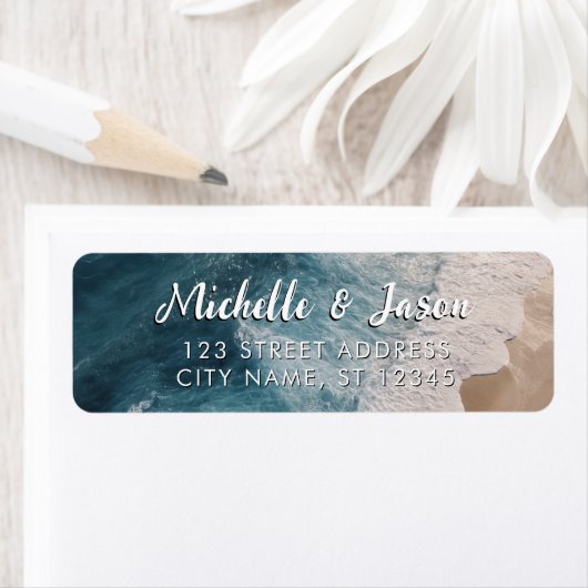 パーソナライズされた青緑の海の夏のビーチの波 ラベル (インサイチュ)