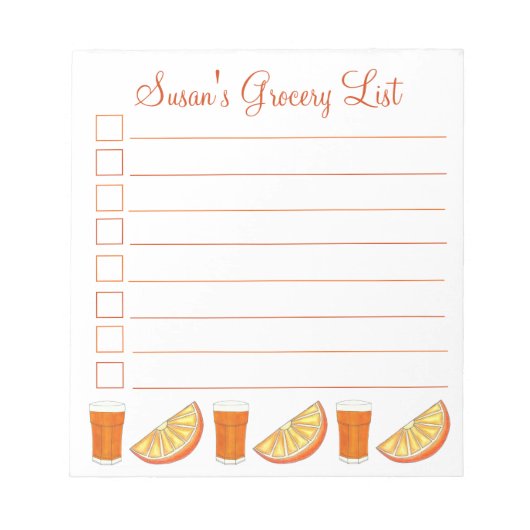 パーソナライズされた食料品一覧オレンジジュース果実切り ノートパッド (正面)