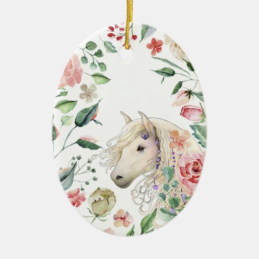 パーソナライズされた馬かわいらし花園クリスマス セラミックオーナメント (正面)