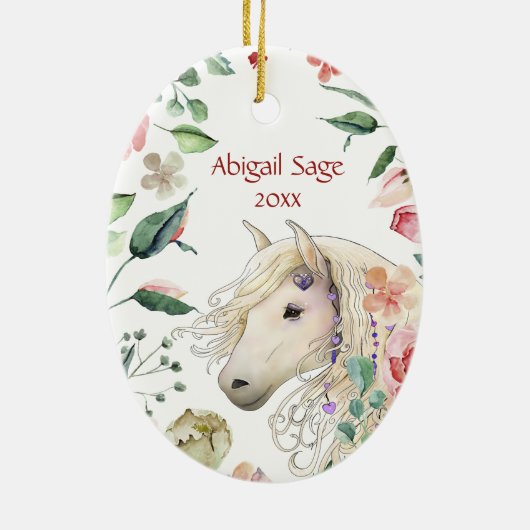 パーソナライズされた馬かわいらし花園クリスマス セラミックオーナメント (裏面)
