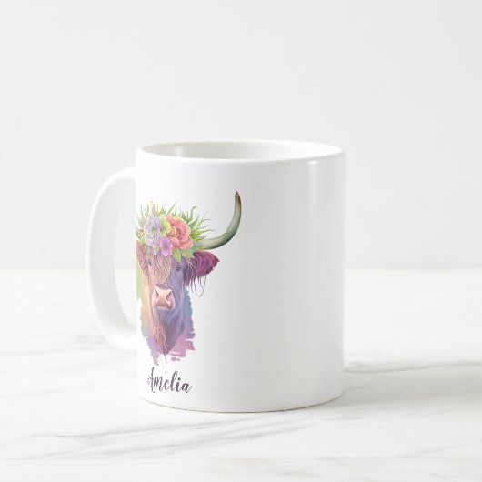 パーソナライズされた高地の牛の花冠の水色 コーヒーマグカップ (正面左)