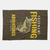 パーソナライズされた魚釣りアドベンチャーバスフィッシュアングラー キッチンタオル (横)