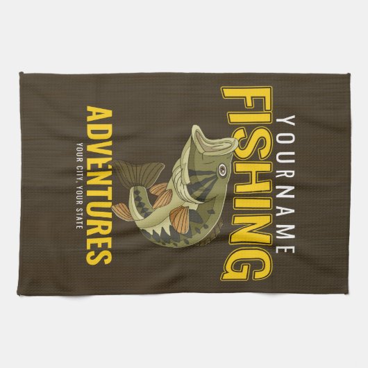 パーソナライズされた魚釣りアドベンチャーバスフィッシュアングラー キッチンタオル (横)