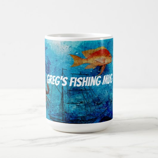パーソナライズされた魚釣り コーヒーマグカップ (中央)
