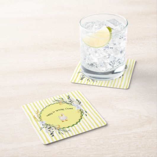 パーソナライズされた黄ストライプアヒル誕生日プレート スクエアペーパーコースター (インサイチュ)