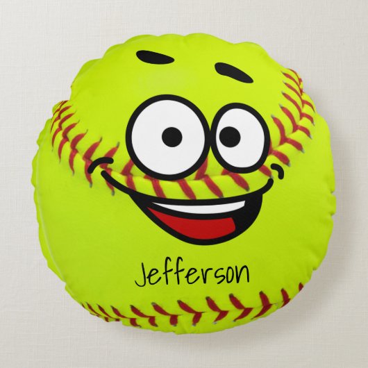 パーソナライズされた黄色のソフトボールおもしろい顔 ラウンドクッション (正面)