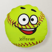 パーソナライズされた黄色のソフトボールおもしろい顔 ラウンドクッション (裏面)