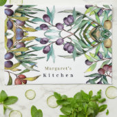 パーソナライズされた黄色の紫色のオリーブのパターンと葉 キッチンタオル (折り畳み)