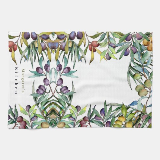 パーソナライズされた黄色の紫色のオリーブのパターンと葉 キッチンタオル (横)