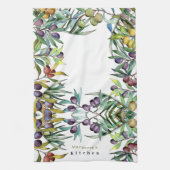 パーソナライズされた黄色の紫色のオリーブのパターンと葉 キッチンタオル (縦)