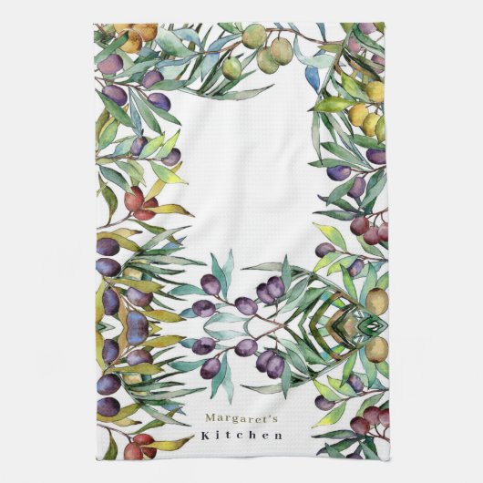 パーソナライズされた黄色の紫色のオリーブのパターンと葉 キッチンタオル (縦)