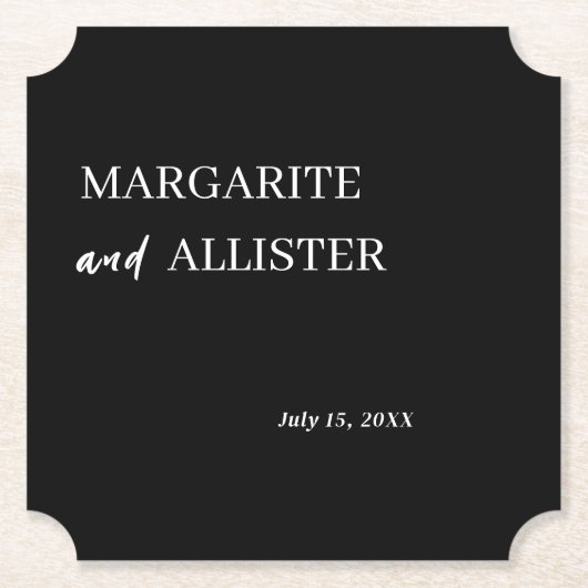 パーソナライズされた黒の結婚四角 ペーパーコースター (正面)