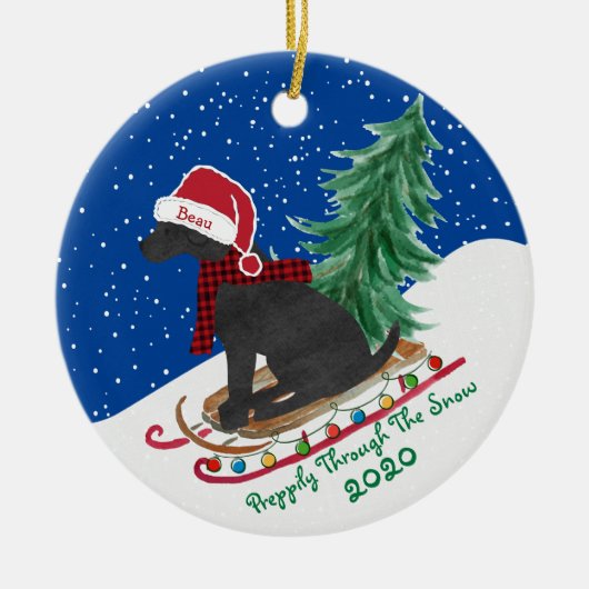 パーソナライズされた黒名門私立校風の実験室クリスマススレッド セラミックオーナメント (正面)