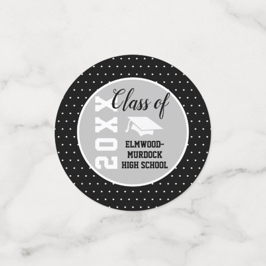 パーソナライズされた黒銀卒業 コンフェッティ (スモール正面)