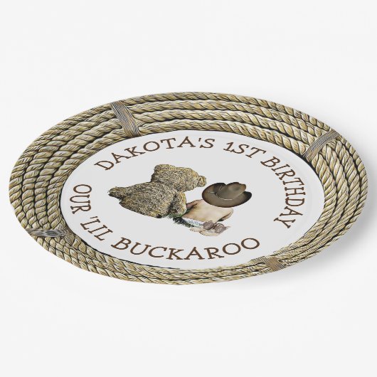 パーソナライズされた1歳の誕生日カウボーイをテーマ ペーパープレート (アングル)
