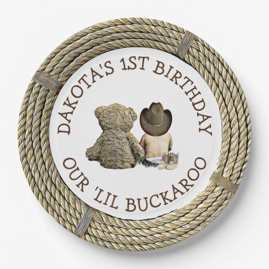 パーソナライズされた1歳の誕生日カウボーイをテーマ ペーパープレート (正面)