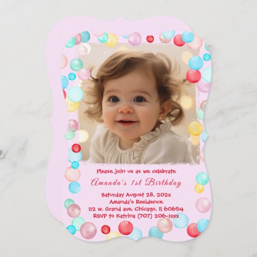 パーソナライズされた1歳の誕生日ガールフォト招待状 招待状 (正面/裏面)