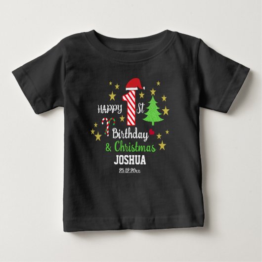 パーソナライズされた1st誕生日と初めてのクリスマスブラック ベビーTシャツ (正面)