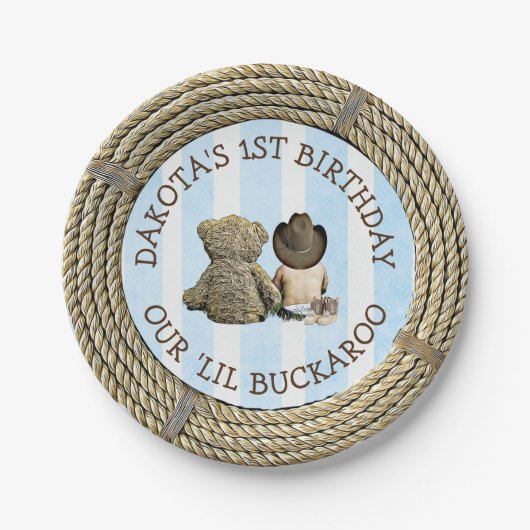 パーソナライズされた1th誕生日カウボーイをテーマにしたメッドケーキ ペーパープレート (正面)