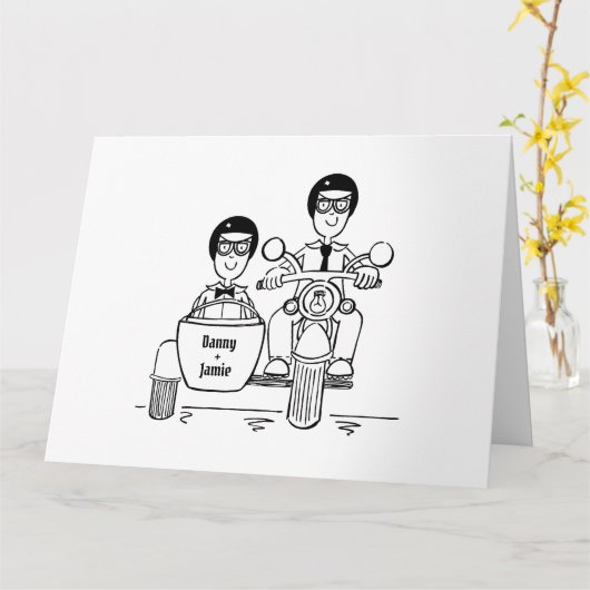 パーソナライズされた2つのバイクもしくは自転車に乗る人オートバイ結婚ズ カード (黄色い花)