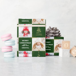 パーソナライズされた2フォトグリーン金ゴールドクリスマスホリデー ラッピングペーパー