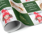 パーソナライズされた2フォトグリーン金ゴールドクリスマスホリデー ラッピングペーパー (ロールコーナー)