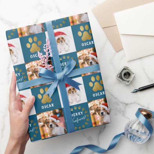 パーソナライズされた2フォトペットドッグパピーブルー金ゴールド前足 ラッピングペーパー (ギフト)