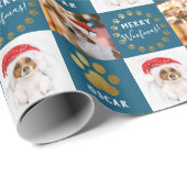 パーソナライズされた2フォトペットドッグパピーブルー金ゴールド前足 ラッピングペーパー (ロールコーナー)