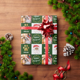 パーソナライズされた2フォトペットドッグ子犬グリーン金ゴールド前足 ラッピングペーパー