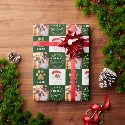 パーソナライズされた2フォトペットドッグ子犬グリーン金ゴールド前足 ラッピングペーパー (クリスマスギフト)
