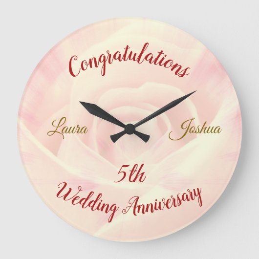 パーソナライズされた5結婚周年大時計 ラージ壁時計 (正面)
