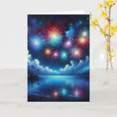 パーソナライズされた7月4日花火の反射 カード (黄色い花)