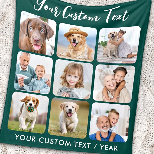 パーソナライズされた9フォトコラージュトレンディーエメラルドグリーン フリースブランケット
