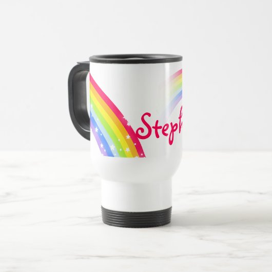 パーソナライズされた9文字の名前レインボートラベルクラブマグ トラベルマグ (正面左)