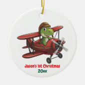 パーソナライズされた，かわいい飛行機の恐竜， 1stクリスマス セラミックオーナメント (正面)