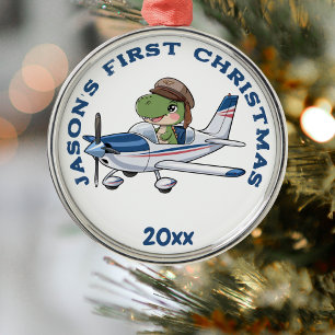 パーソナライズされた，かわいい飛行機の恐竜， 1stクリスマス メタルオーナメント