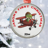 パーソナライズされた,かわいい飛行機の恐竜, 1stクリスマス メタルオーナメント
