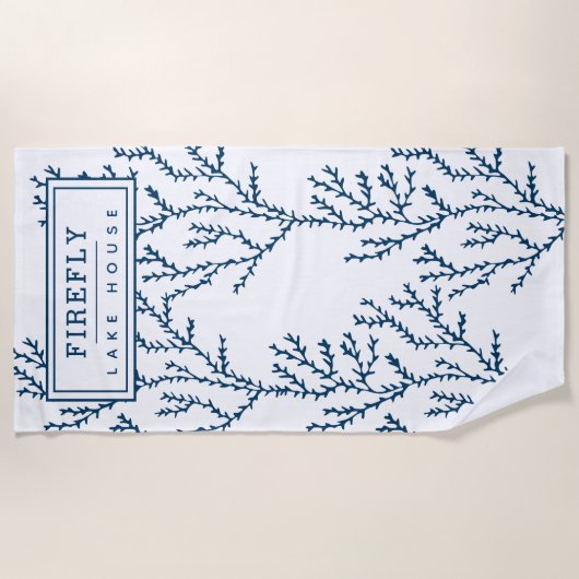 パーソナライズされた,エレガント藍色サンゴ模様 ビーチタオル (正面)