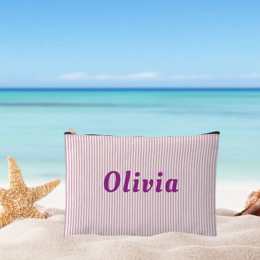 パーソナライズされた，ピストライプのンク，紫色の文字 アクセサリーポーチ