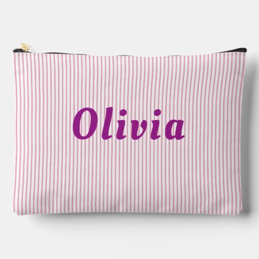 パーソナライズされた，ピストライプのンク，紫色の文字 アクセサリーポーチ (正面)