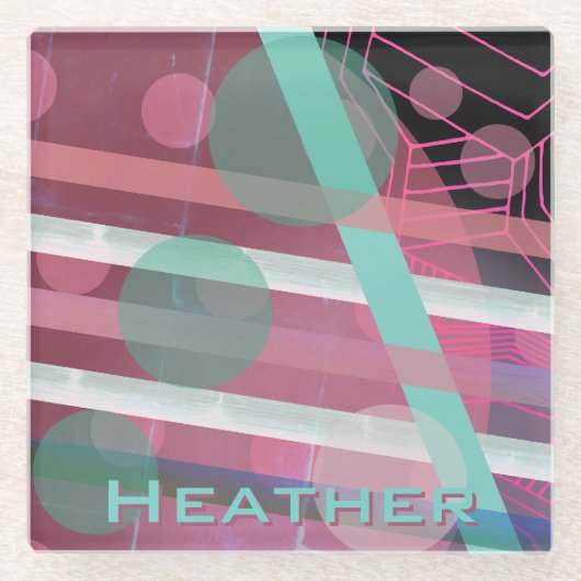 パーソナライズされた/ピンクとターコイズ/抽象デザイン ガラスコースター (正面)