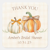 パーソナライズされた ブライダルシャワーのための ラスティック オータム サンクス スクエアシール (正面)