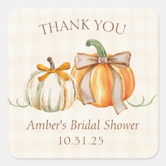 パーソナライズされた ブライダルシャワーのための ラスティック オータム サンクス スクエアシール (正面)